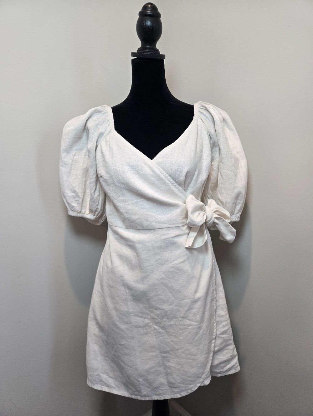 Abercrombie & Fitch Puff Sleeve Wrap Mini Dress Medium Beige Cotton Linen Boho